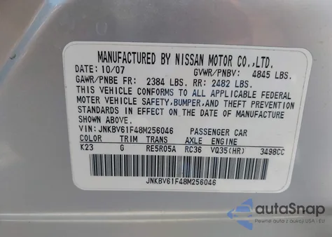 2008 Infiniti G35X из США, поврежденный, VIN JNKBV61F48M256046